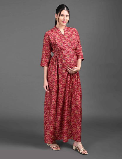 Womens Printed Maternity Long Gown - Red