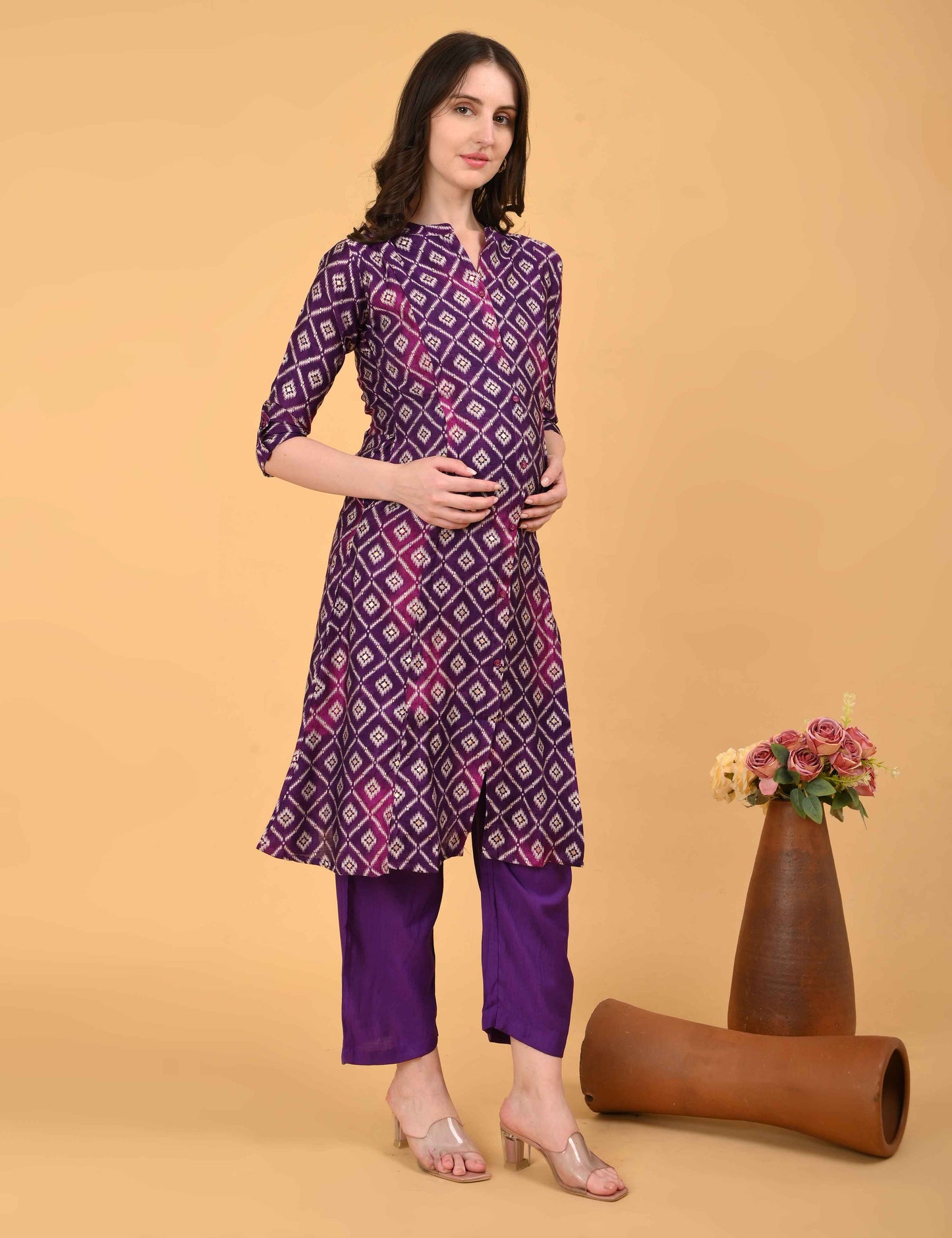 Womens Maternity Kurti Pant Set - Purple