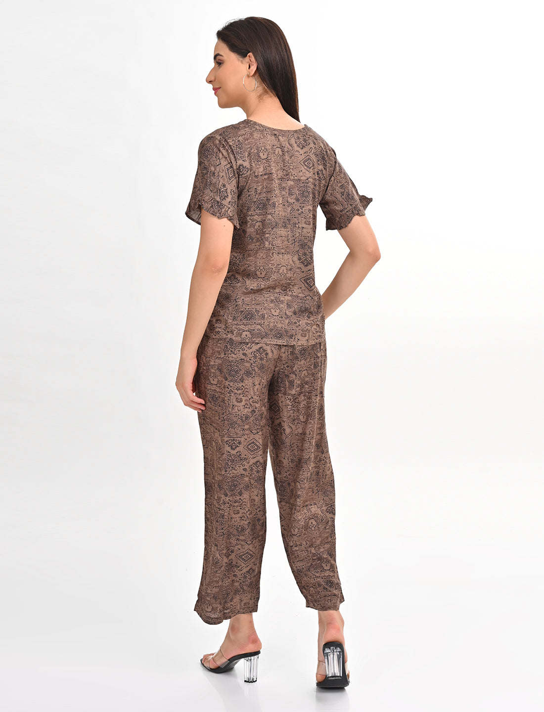 Womens Printed Co Ord Set - Brown