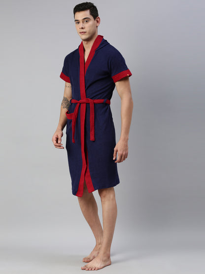 Mens Hooded Patti Bathrobe - Navy Blue