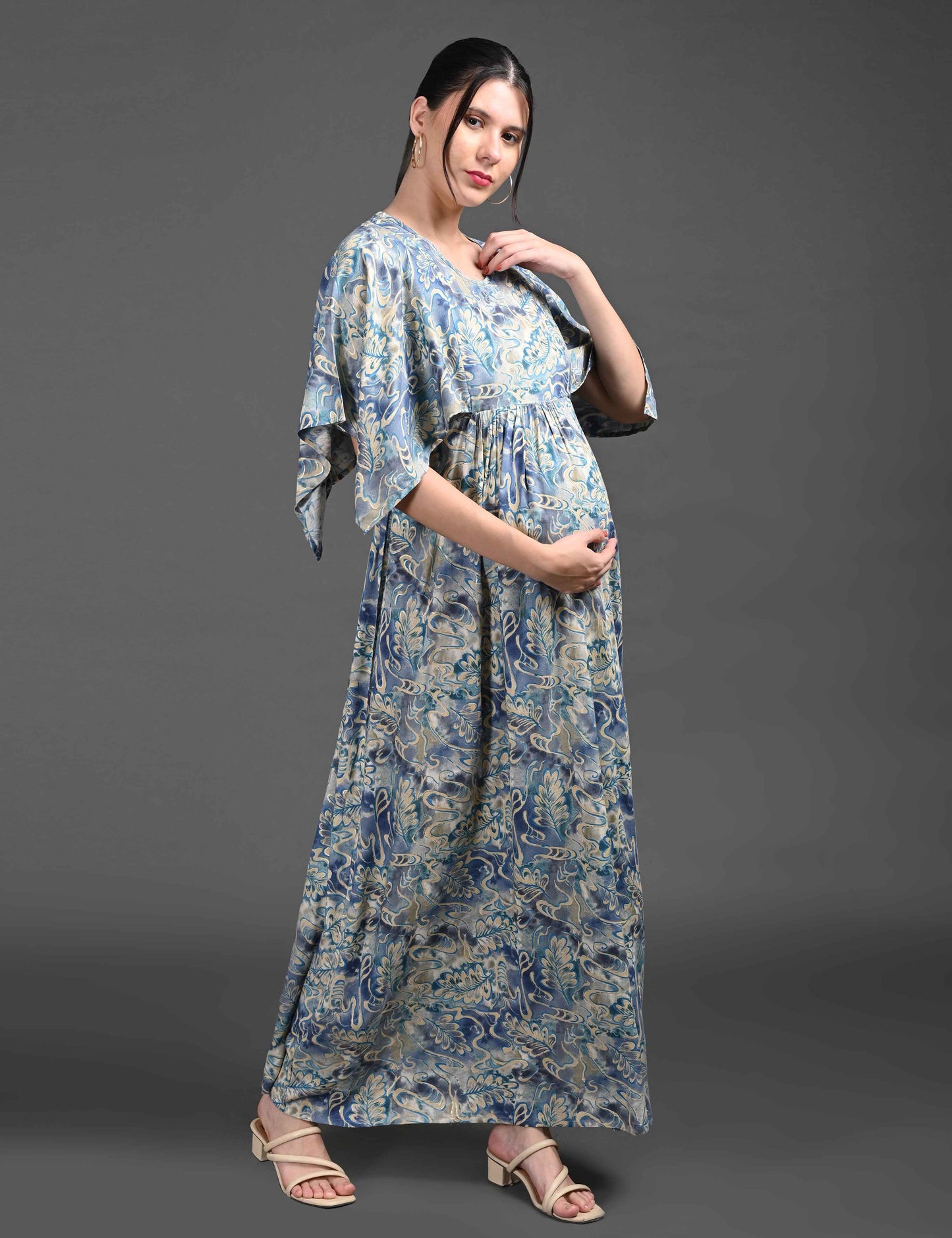 Womens Printed Maternity Long Gown - Blue