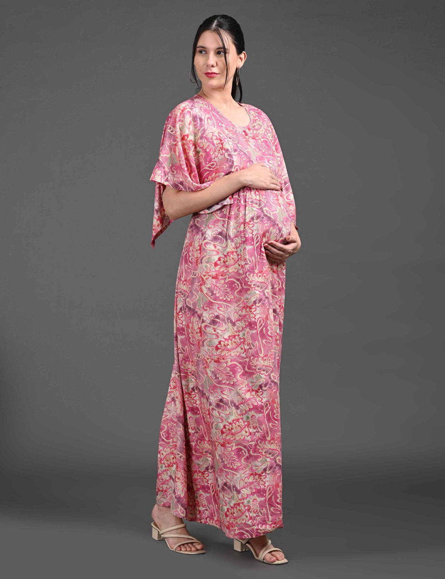 Womens Printed Maternity Long Gown - Pink