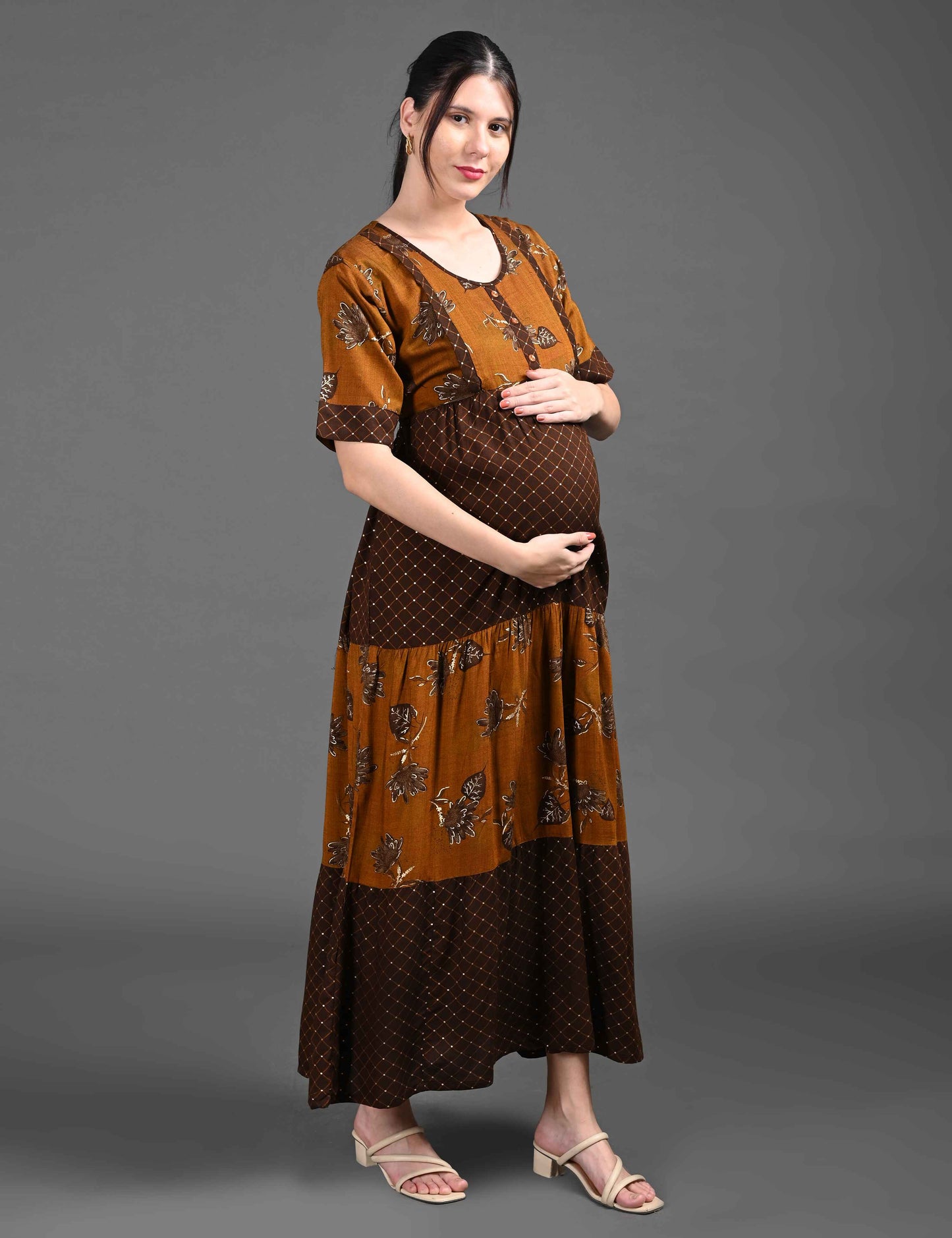 Brown-Colored Maternity Long Gown