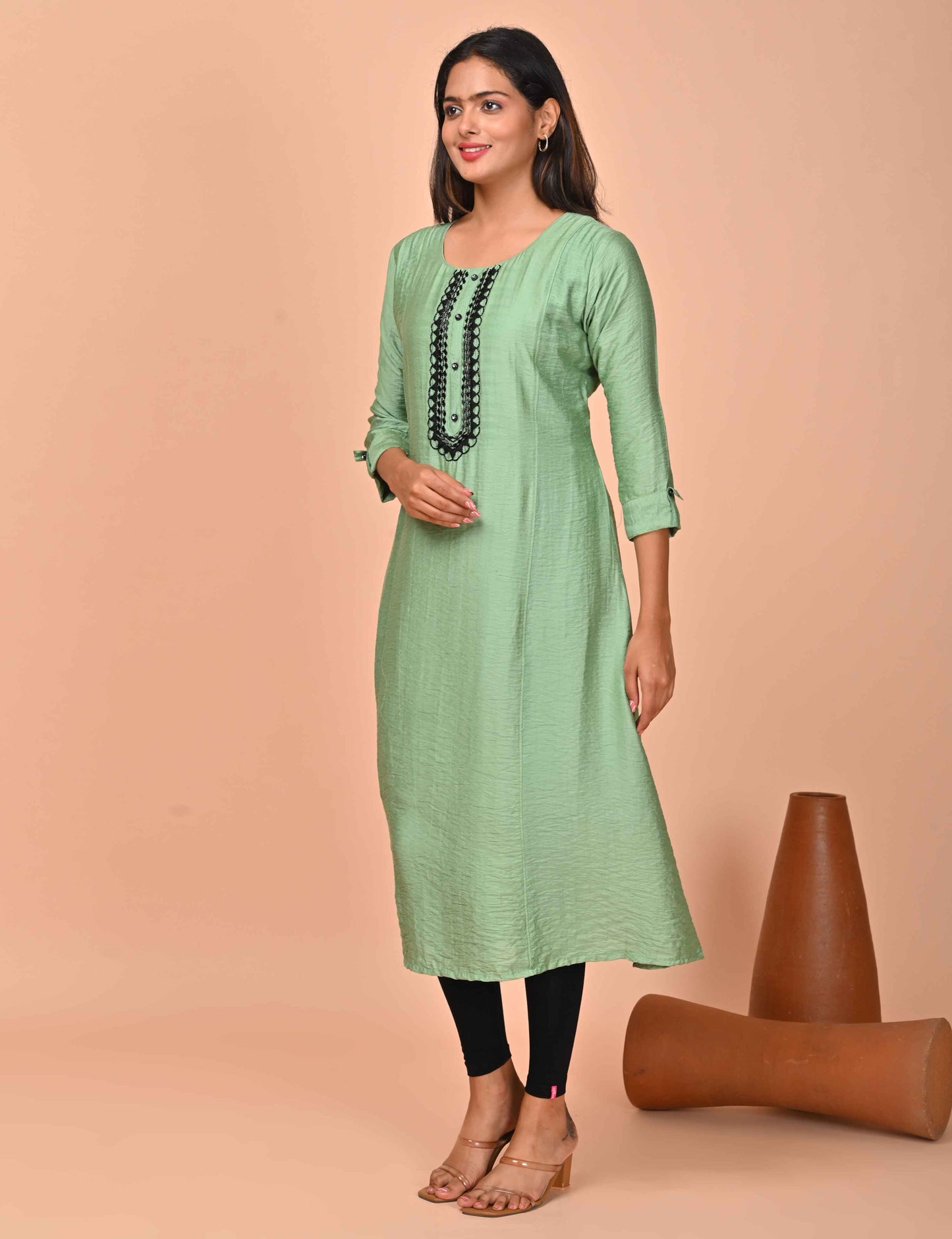 Womens Olive-Colored A-Line Kurta