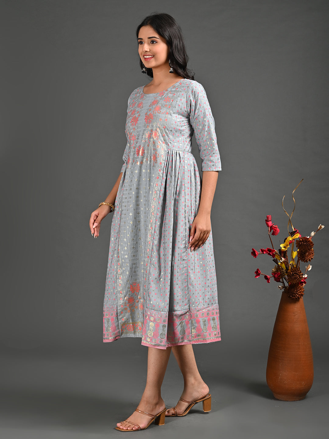 Womens Grey-Colored A-Line Kurta