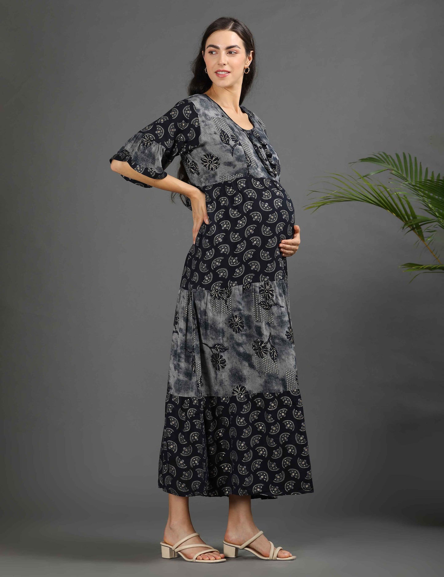 Navy-Colored Maternity Long Gown