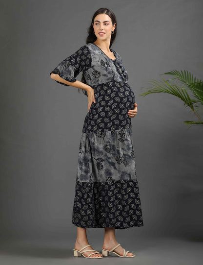 Navy-Colored Maternity Long Gown