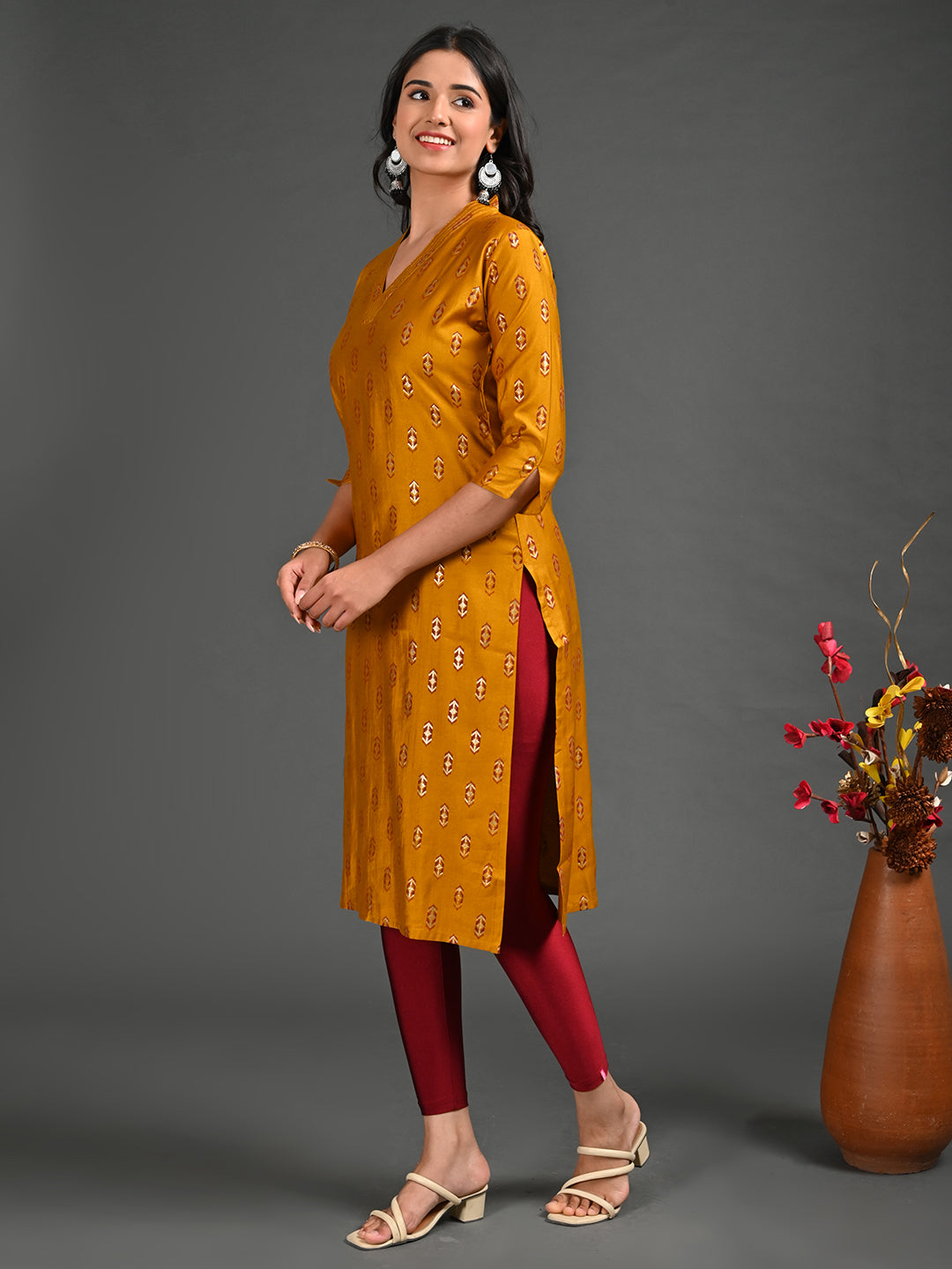 Womens Mustard-Colored Straight Kurta