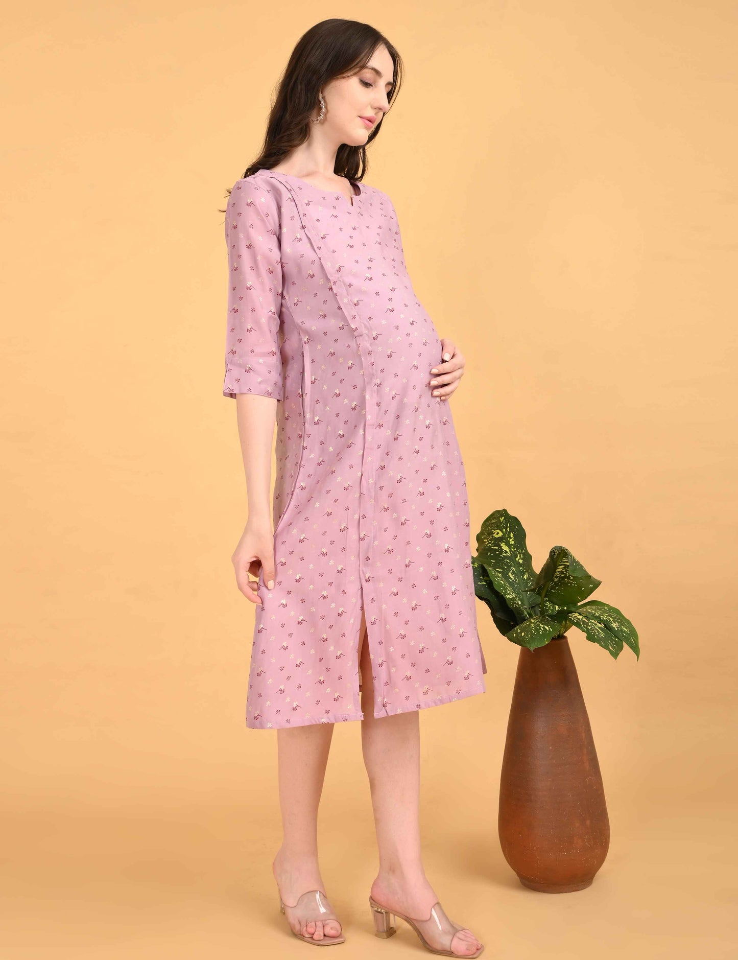 Pink-Colored Maternity 3/4th Gown