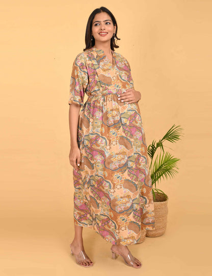 Khaki-Colored Maternity 3/4th Gown