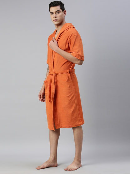 Mens Solid Hooded Bathrobe - Rust