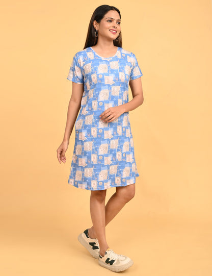 Pastel Blue-Colored Printed Short Nighty