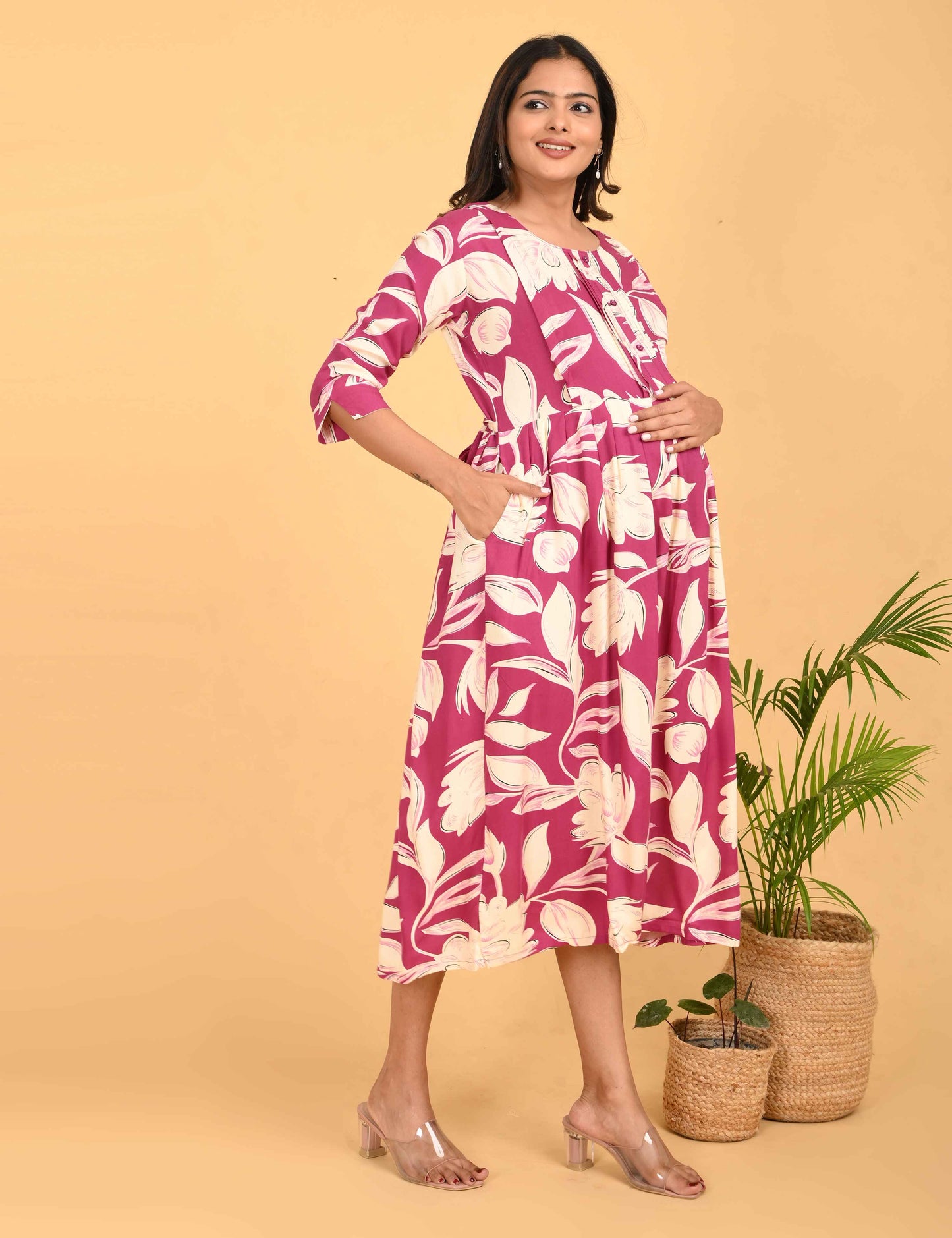 Fuchsia-Colored Maternity 3/4th Gown