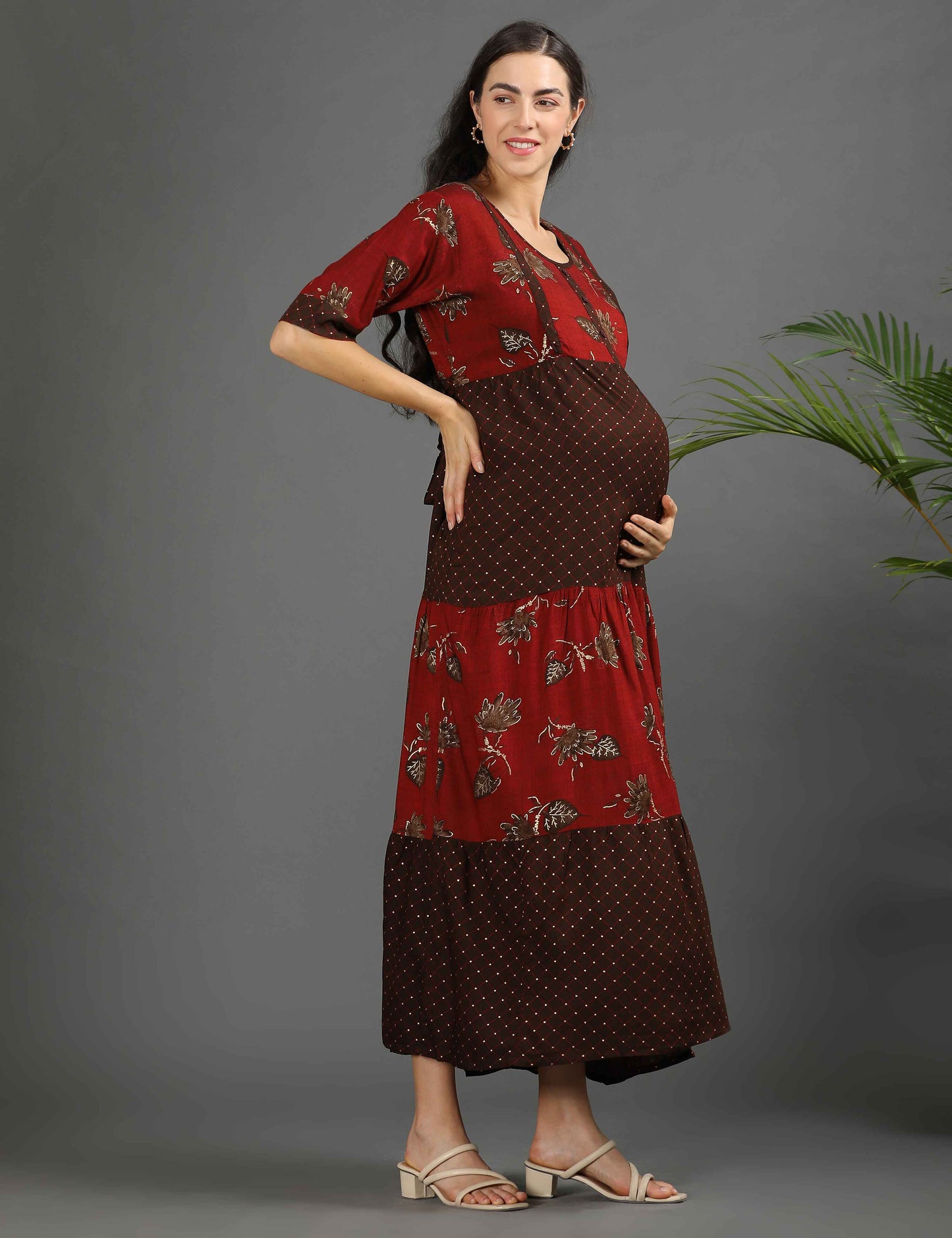 Maroon-Colored Maternity Long Gown