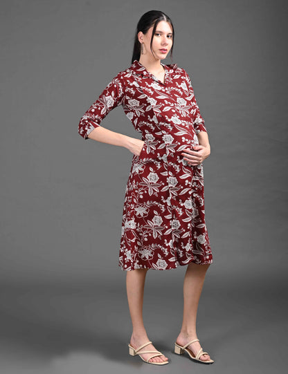 Wine-Colored Maternity 3/4th Gown