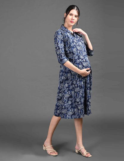 Navy Blue-Colored Maternity 3/4th Gown