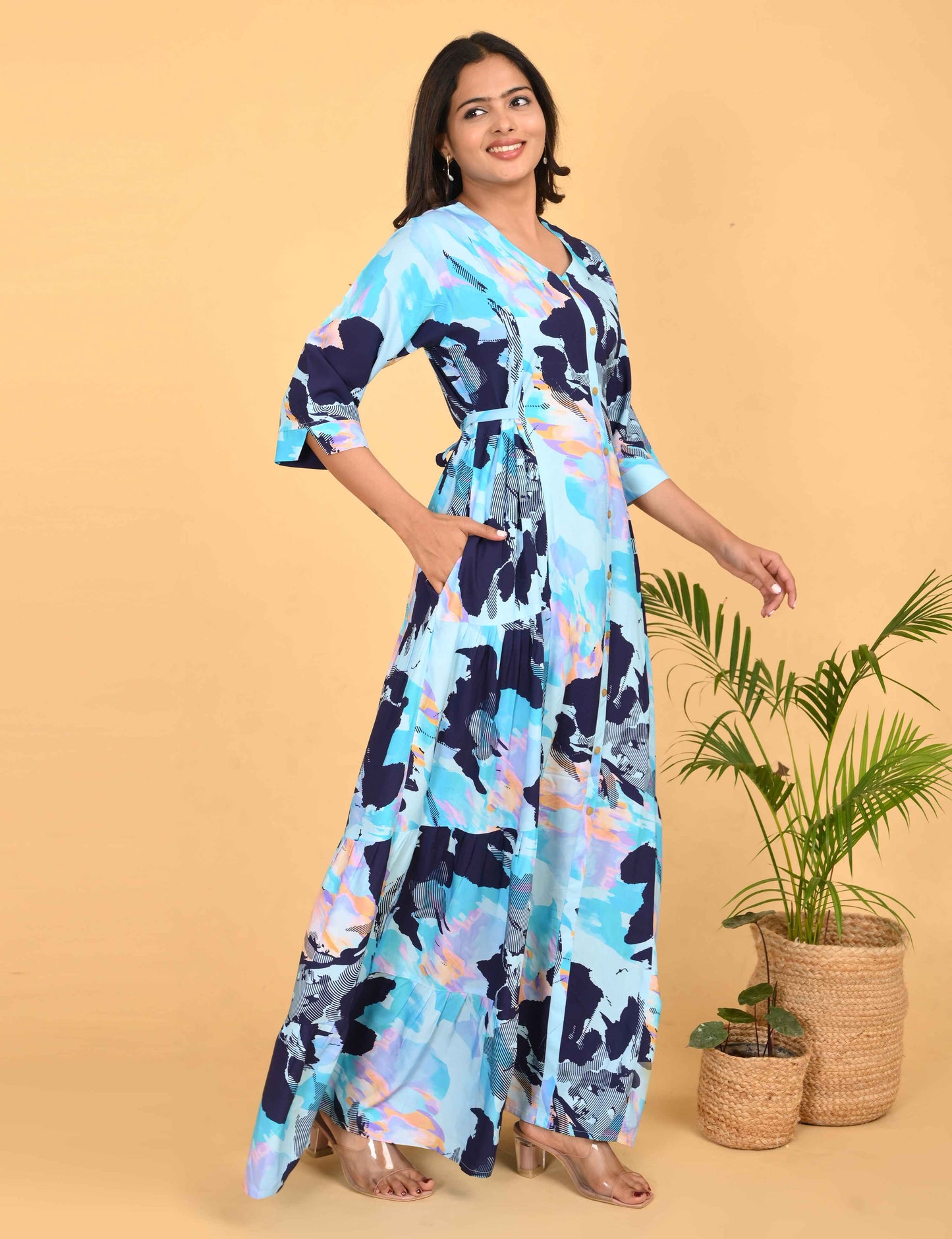 Womens L.Blue-Colored Premium Flare Gown