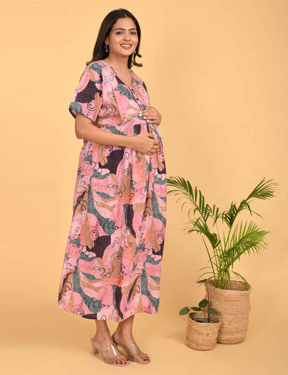 Pink-Colored Maternity 3/4th Gown