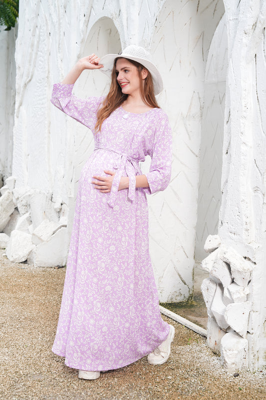 Womens Printed Maternity Long Gown - D.Pink