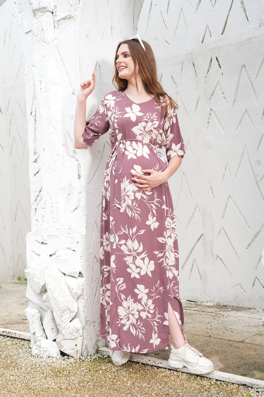 Womens Printed Maternity Long Gown - Brown