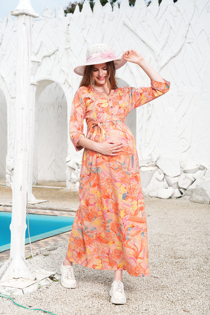 Womens Printed Maternity Long Gown - Peach