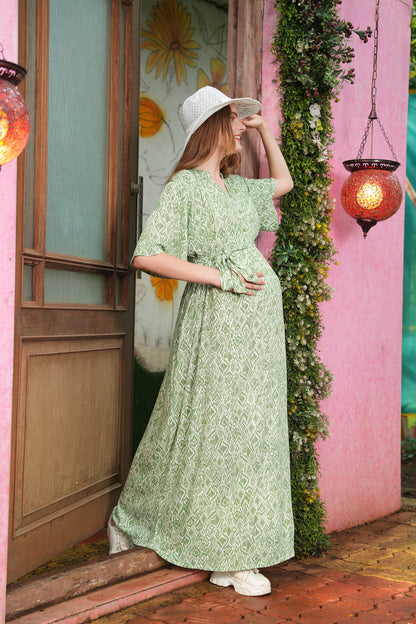 Womens Printed Maternity Long Gown - Pista