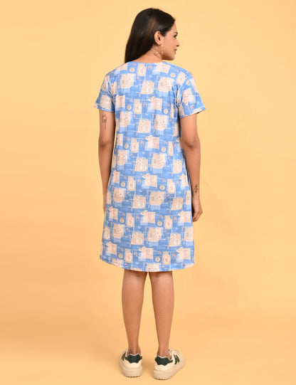 Pastel Blue-Colored Printed Short Nighty