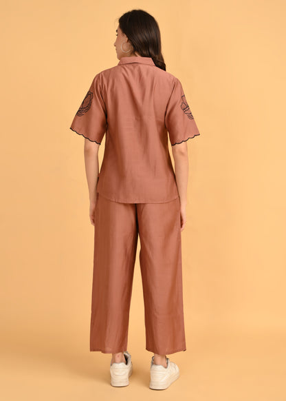 Brown-Colored Embroidered Co Ord Set