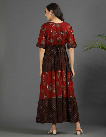 Maroon-Colored Maternity Long Gown