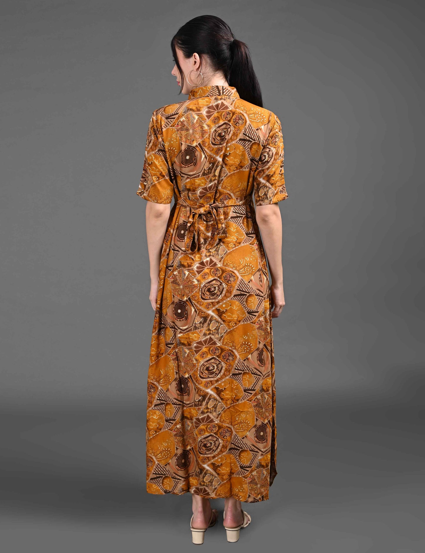 Womens Printed Maternity Long Gown - Mustard