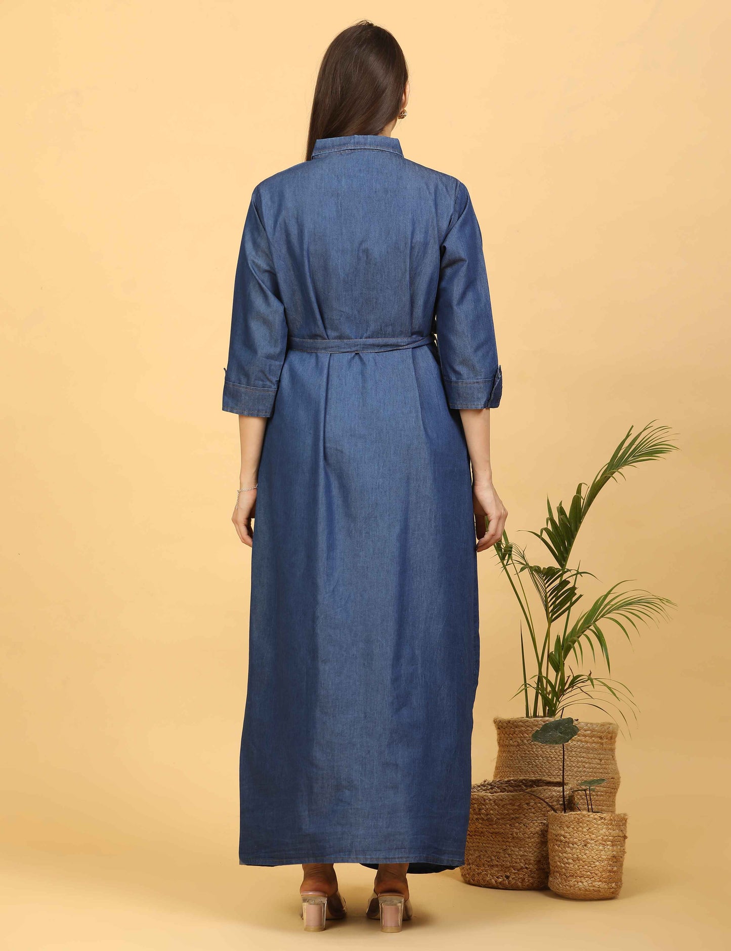 Womens Denim Maternity Long Gown - Blue