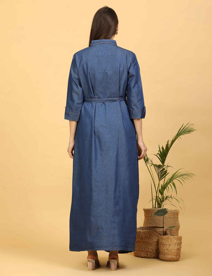Womens Denim Maternity Long Gown - Blue