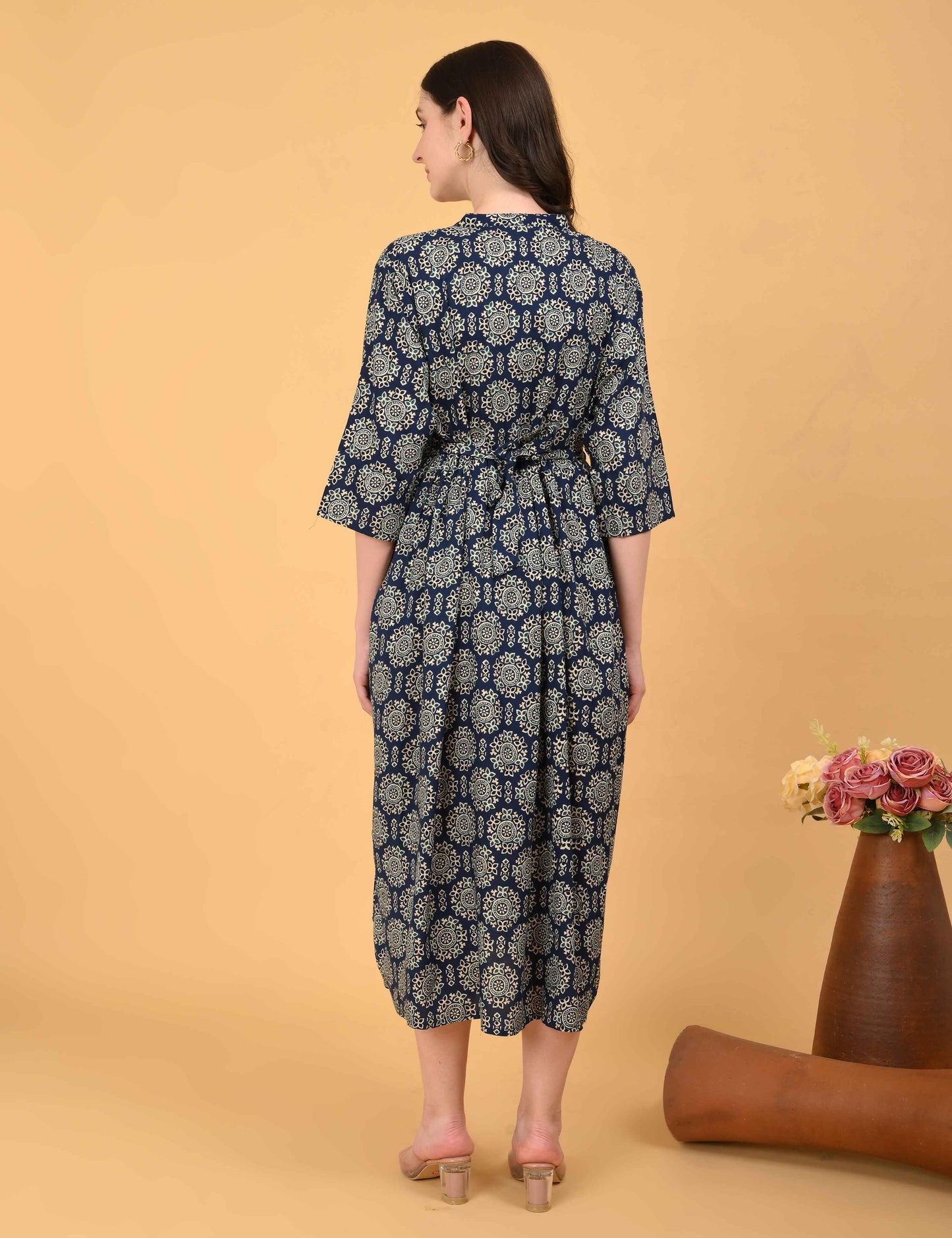 Navy Blue-Colored Maternity 3/4th Gown
