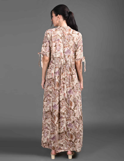 Womens Printed Maternity Long Gown - Brown