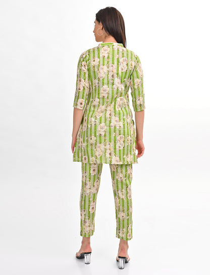 Green-Colored Printed Long Top Co Ord Set