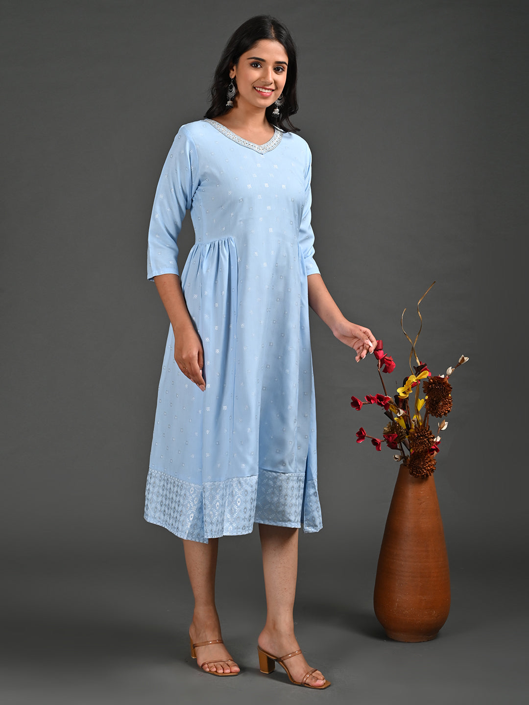 Womens Skyblue-Colored A-Line Kurta