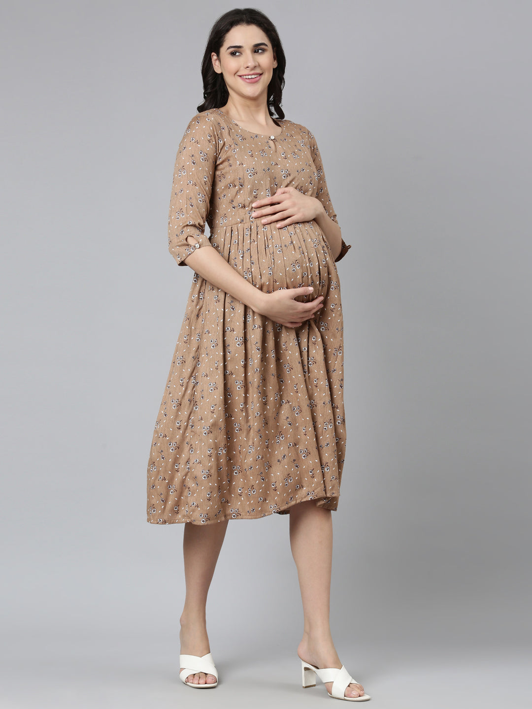 Womens Maternity 3/4th Gown - Khaki