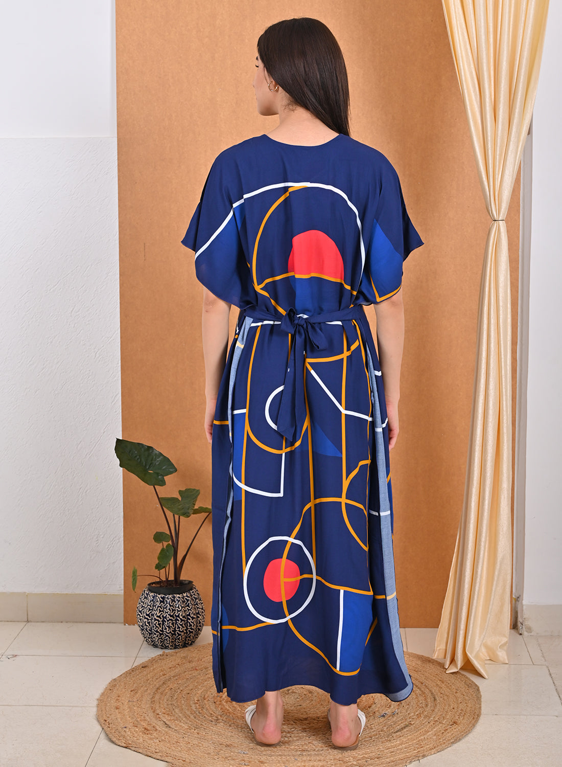 Womens Printed Kaftan Nightdress - Navy