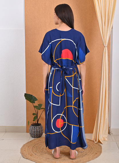 Womens Printed Kaftan Nightdress - Navy