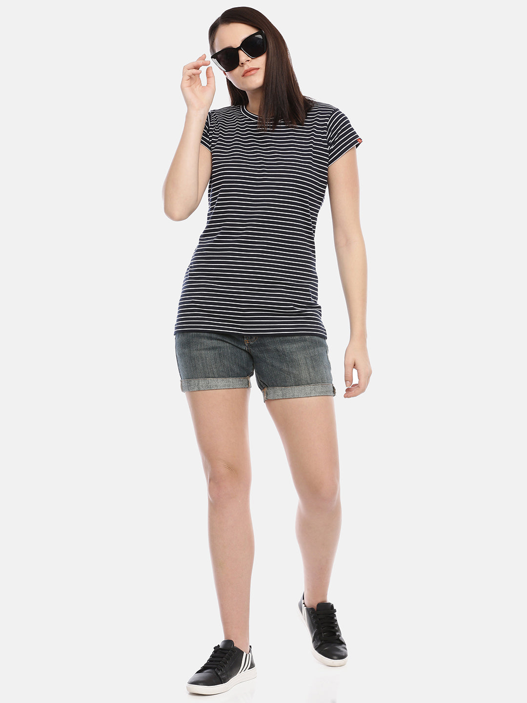 Womens Navy Blue Thin Striped Tees