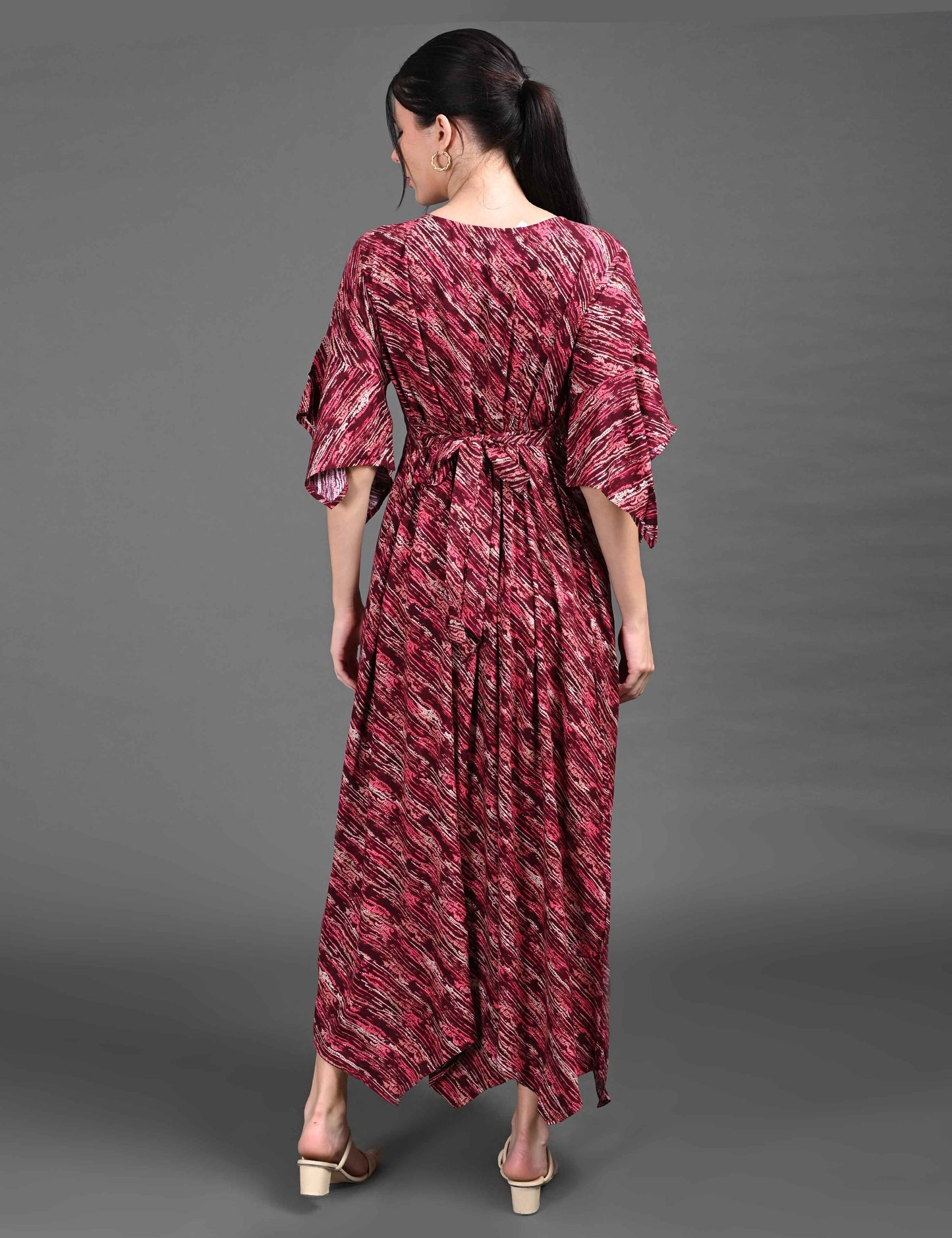 Womens Printed Maternity Long Gown - Maroon