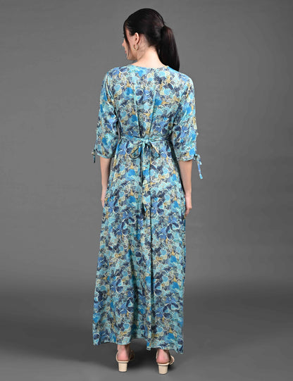 Womens Printed Maternity Long Gown - Blue