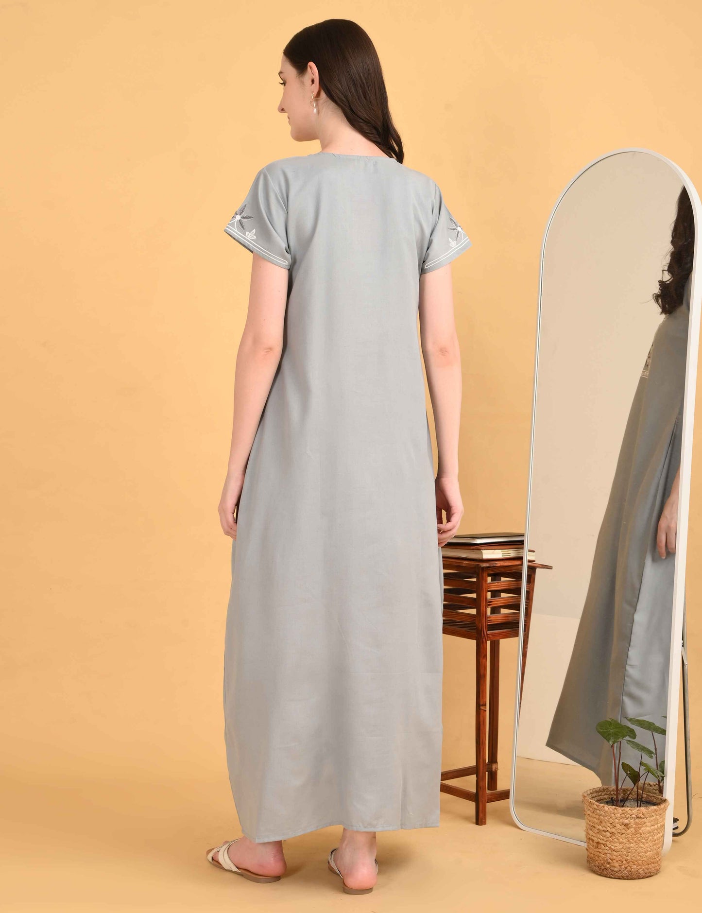 Womens Embroidered A-Line Nightdress - Grey