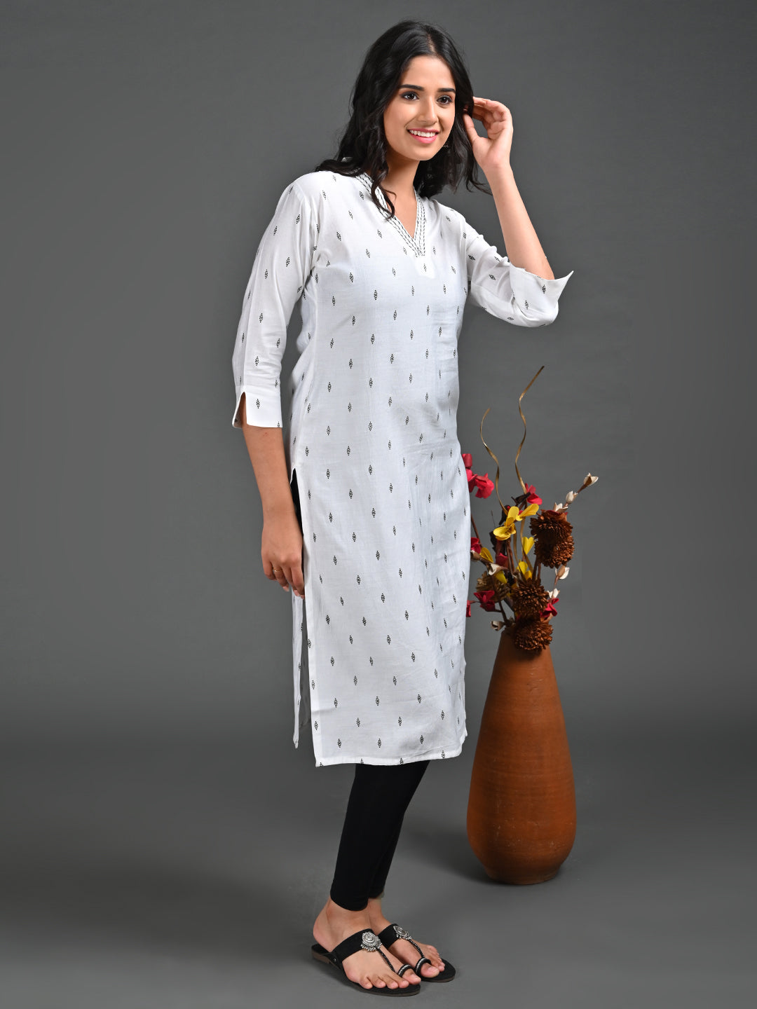 Womens Off White-Colored Straight Kurta