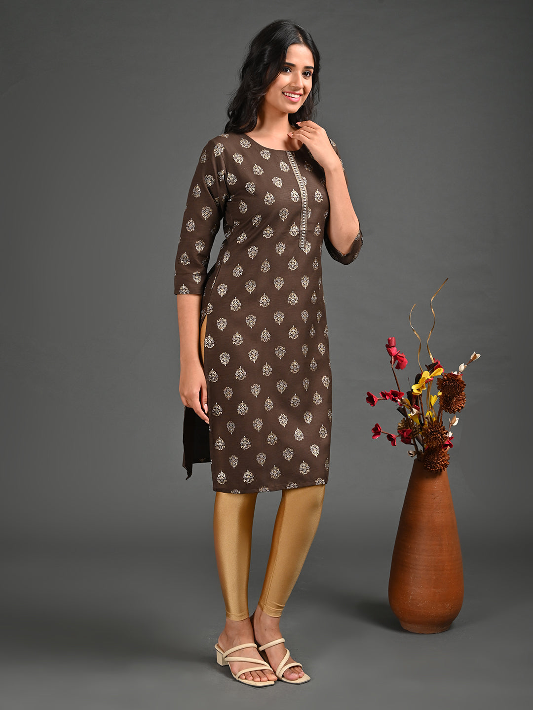 Womens Coffee-Colored Straight Kurta