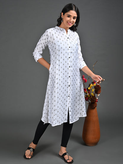 Womens White-Colored A-Line Kurta