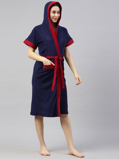 Womens Hooded Bathrobe - Navy Blue