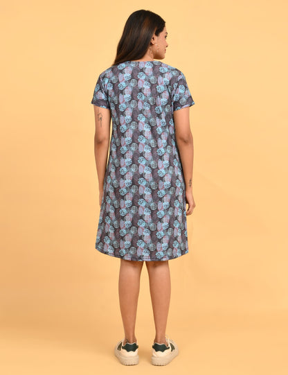 Charcoal-Colored Printed Short Nighty