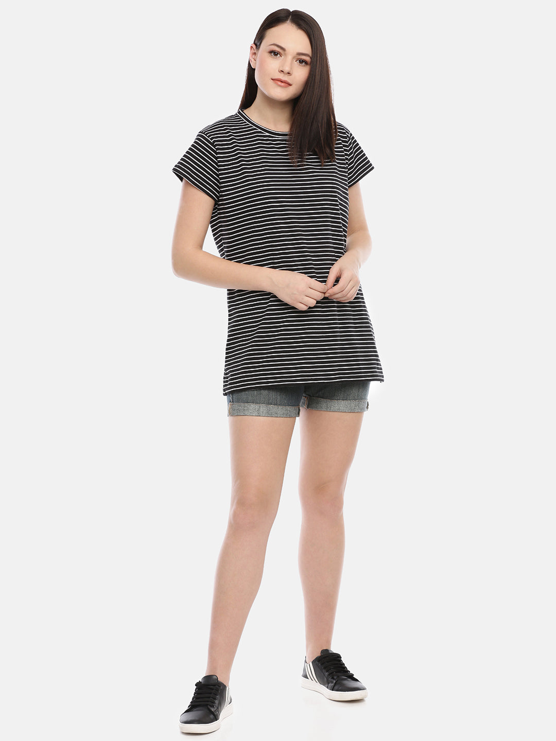 Womens Black Thin Striped Tees