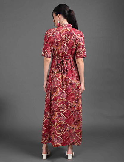 Womens Printed Maternity Long Gown - Red